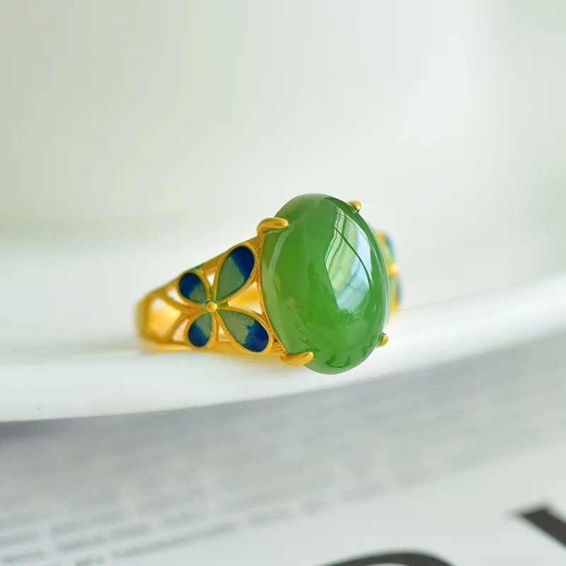 

S925 Silver Inlaid Hetian Jade And Biji Oval Cabochon Ring Women