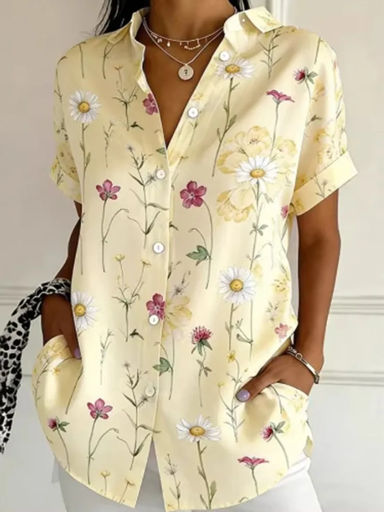 

Modigirl Women Floral Print Blouse women's casual dresses Plus Size Short Sleeve Button Front Lapel Loose Casual Shirt Tops