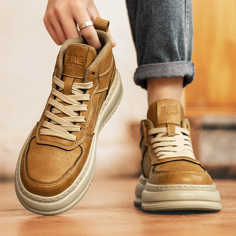 

High-Top Men's Shoes Spring Retro All-Match Sports Flat Shoes Casual Leather Shoes Waterproof Wheat Color Shoes for Youth