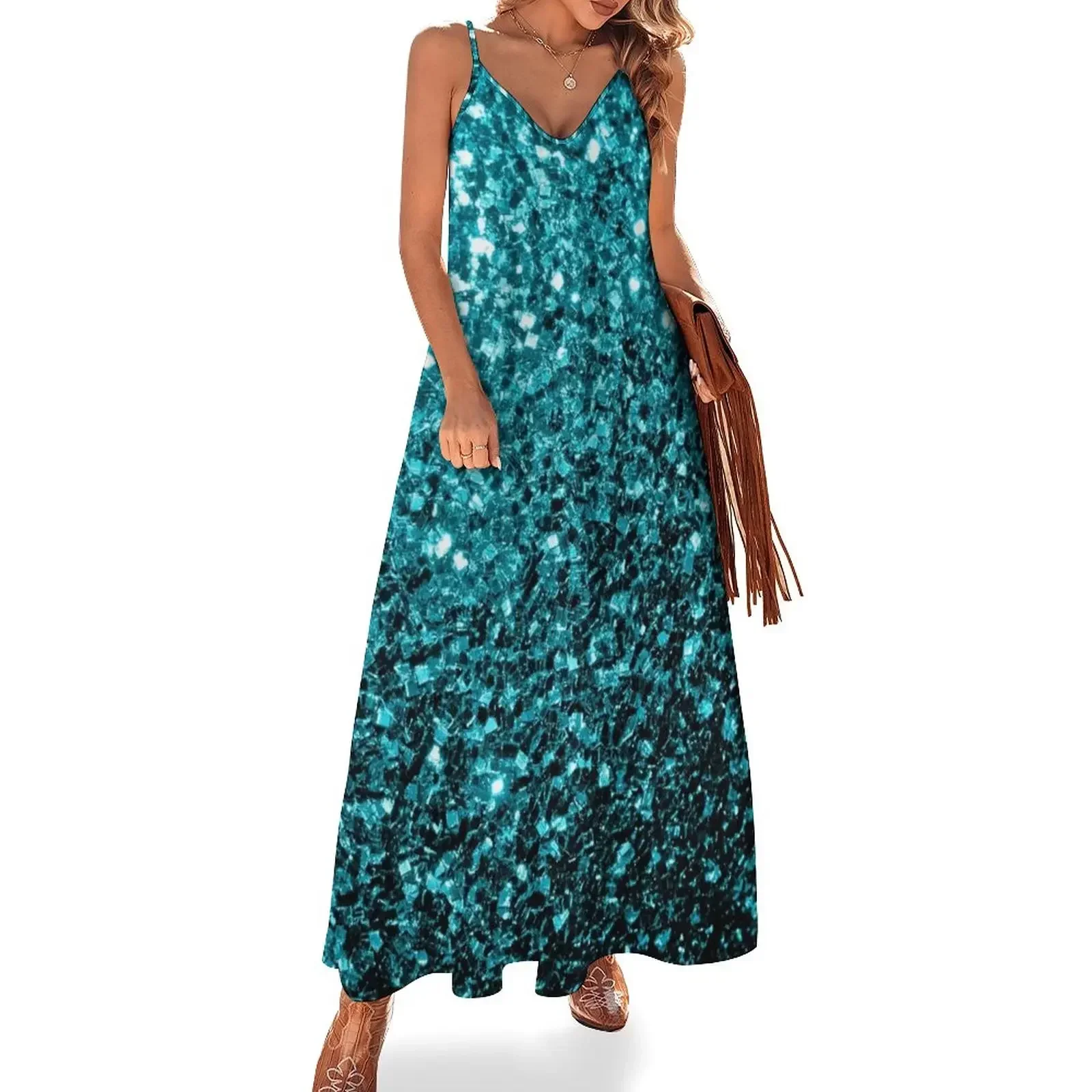 

Aqua blue shiny faux glitter sparkles Sleeveless Dress Women's skirt prom clothes women's summer dresses 2025 Dress