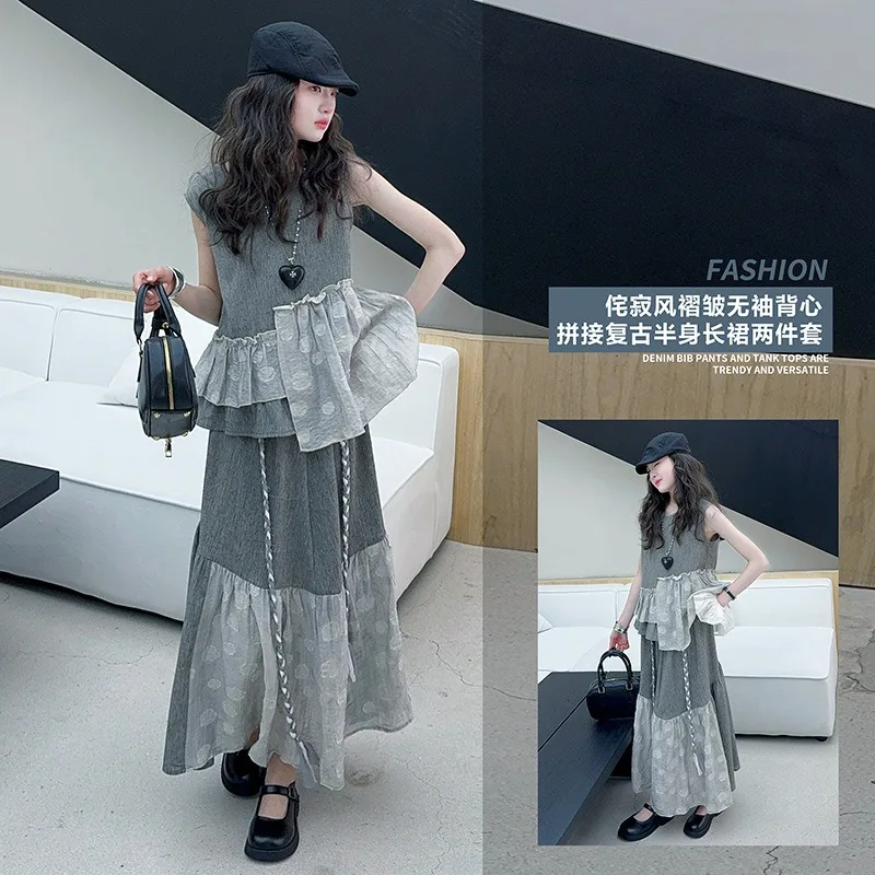 

Children's Summer Sleeveless Vest Patchwork Retro Top Half Skirt Two-piece Set 2025 New Thin Irregular Skirt Set