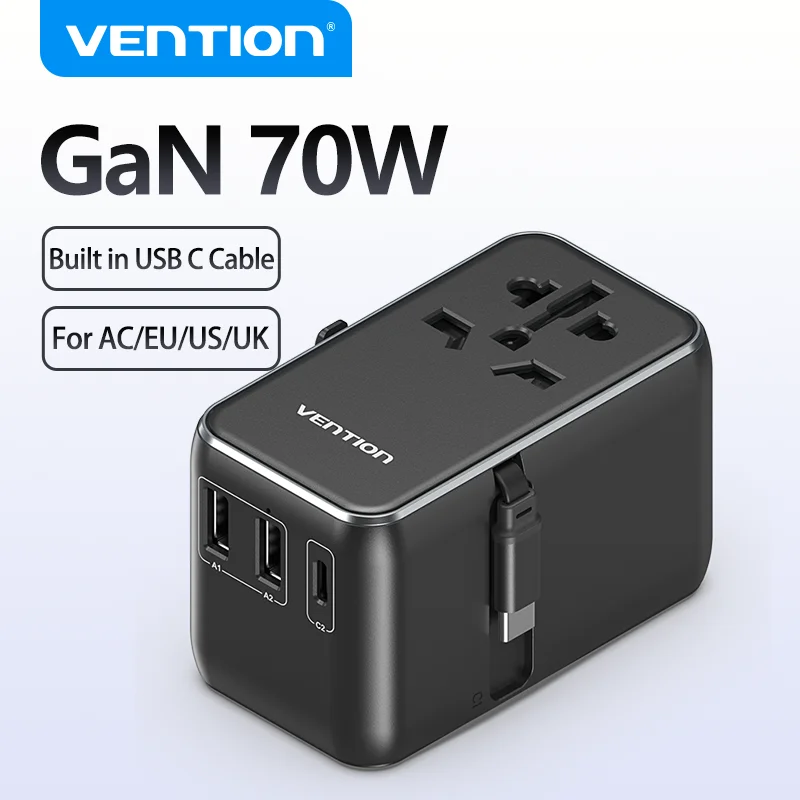 

Vention 70W GaN Charger PD 65W Universal Travel with Built-in USB-C All in One Worldwide Travel Adapter Wall Charger for USA EU