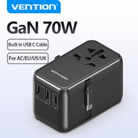 Vention 70W GaN Charger PD 65W Universal Travel with Built-in USB-C All in One Worldwide Travel Adapter Wall Charger for USA EU