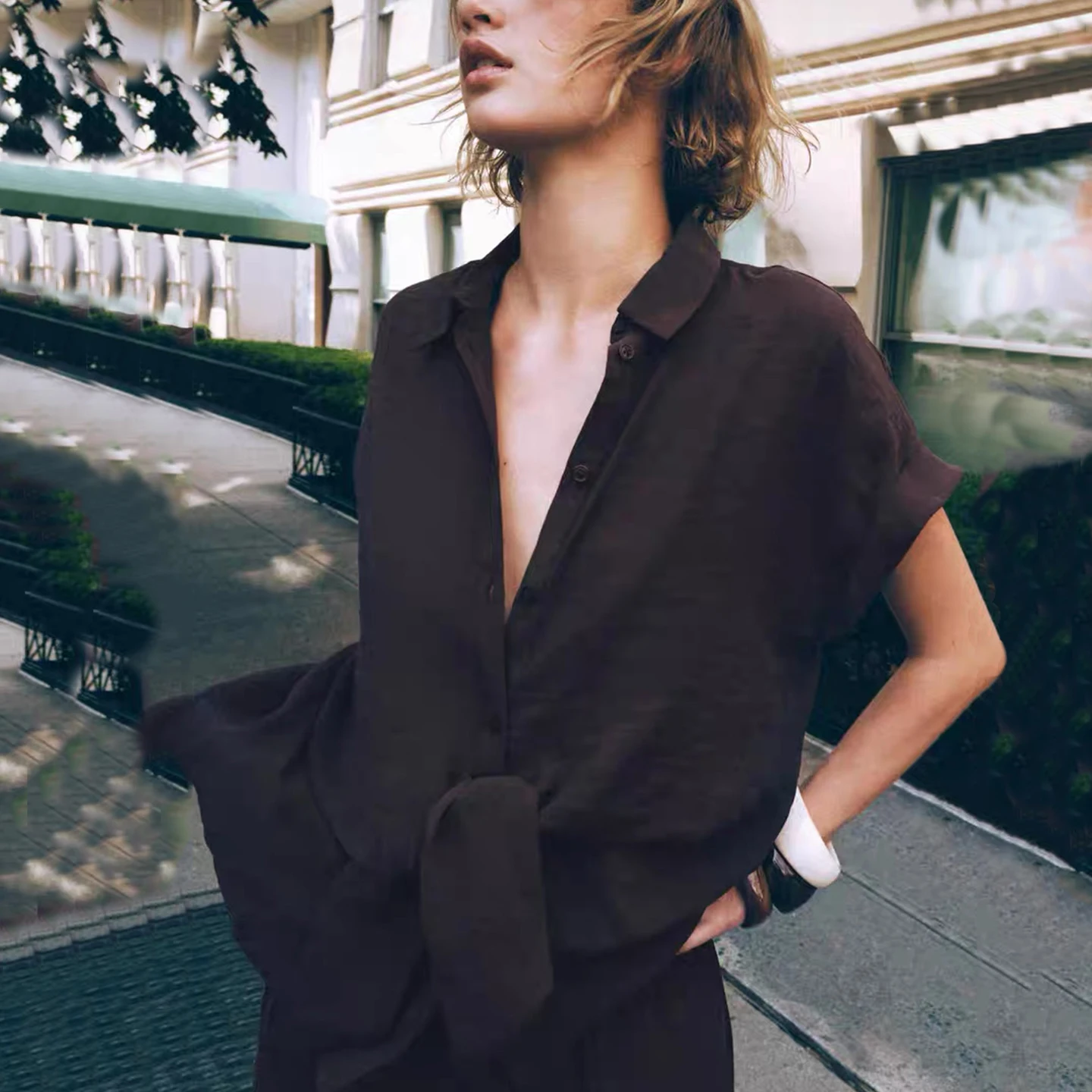 

Z женские летние брюки ort Sve irt, повседневные свободные брюки, комплект из двух предметов, одежда на пуговицах с воротником из полиэстера