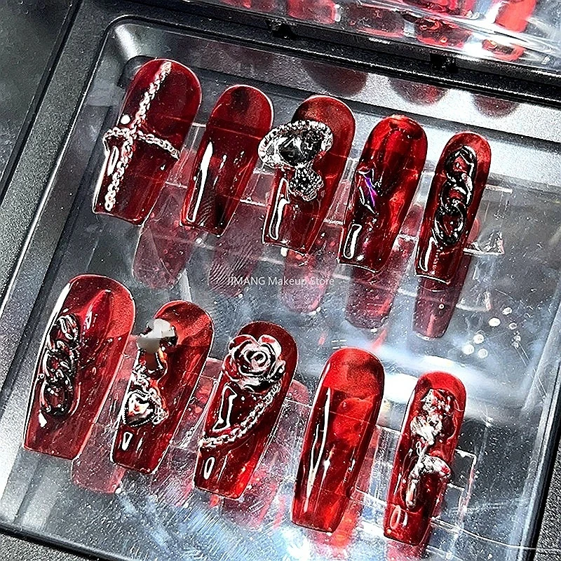 

Y2K Punk Style Blood Red Rose False Nail Tips Rhinestone Press On Nails Art Handmade Reusable Long Coffin Fake Nail With Glue