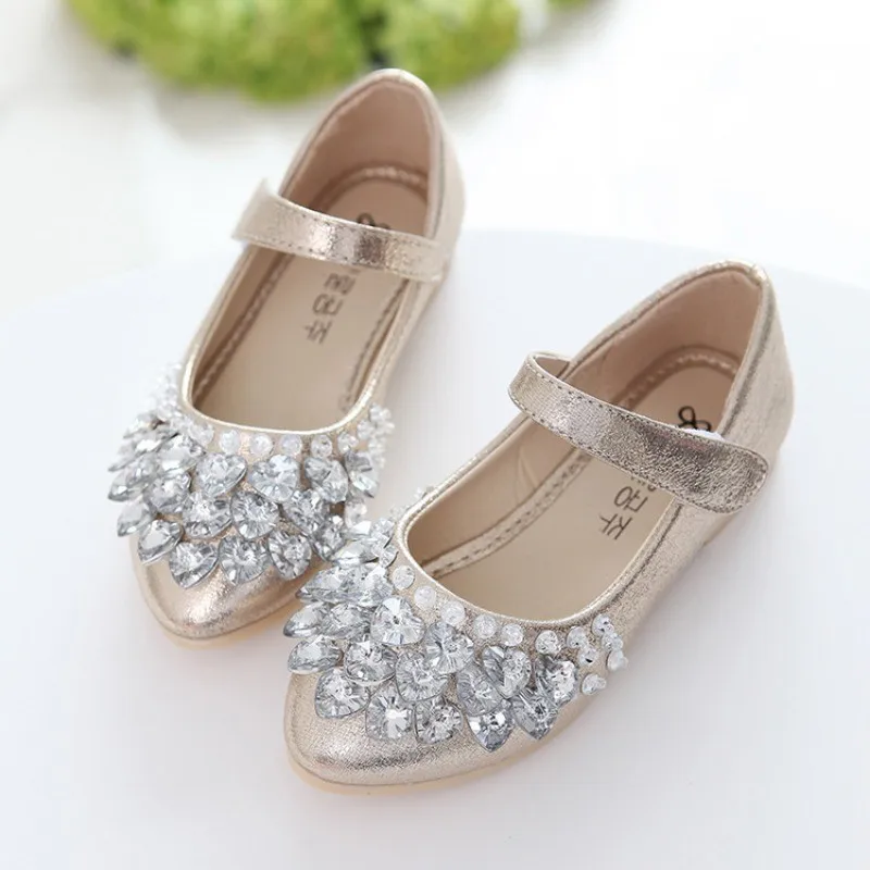 Girls Crystal Shiny Princess Shoes Kids Sweet Flats Performance Shoes Fashion Children's Leather Shoes for Party Wedding