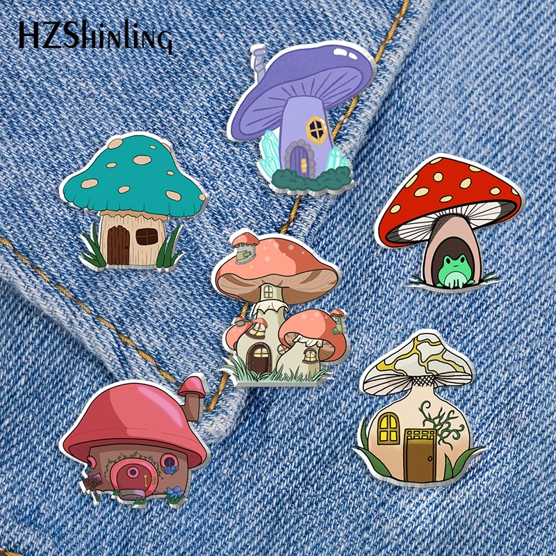 2022 New Color Mushroom House Acrylic Lapel Pin Cute Epoxy Butterfly Clasp Pin Handmade Butterfly Brooch