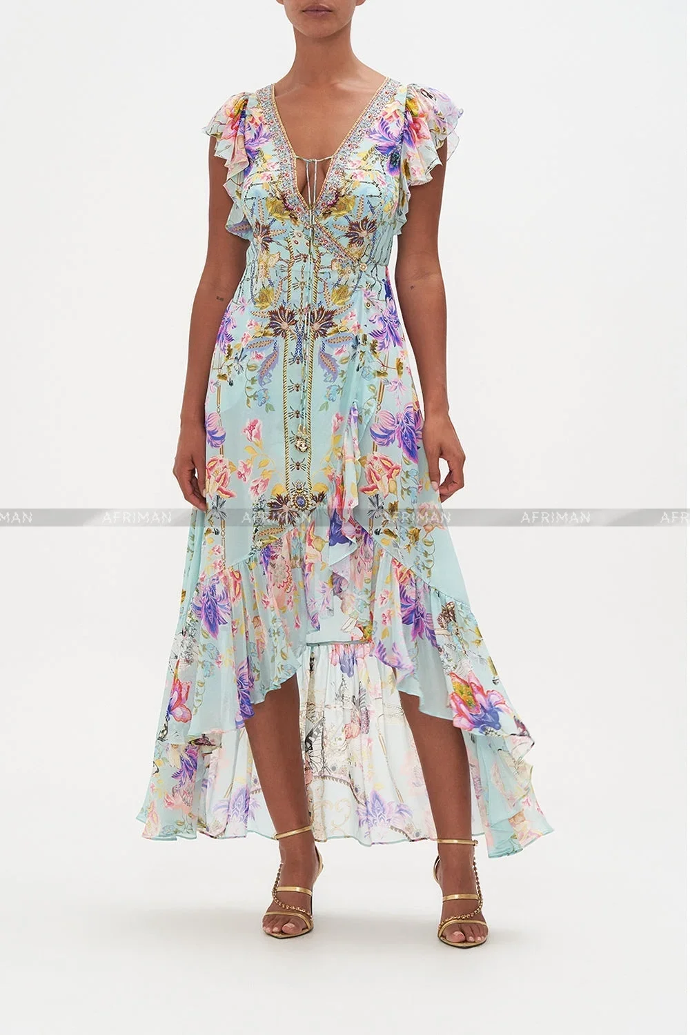 Women V Neck Crystal Beaded Ruffles Sleeve Flower Print 100% Silk Irregular Dress