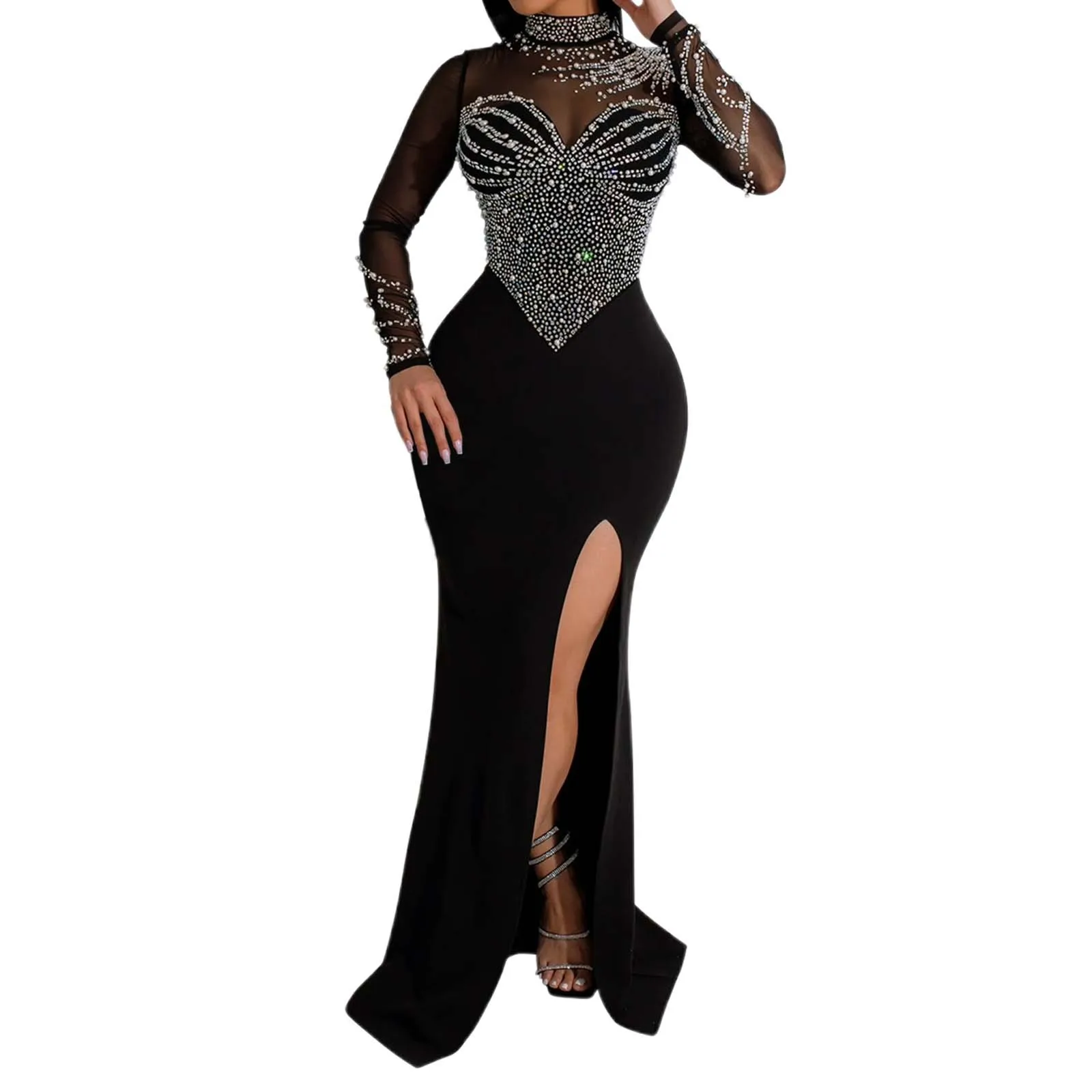 

Sparkle See-Through Mesh Pearls Diamonds Long Maxi Dress Luxury Woman Party Dress New Year Evening Dress Clubwear Sequins Dress