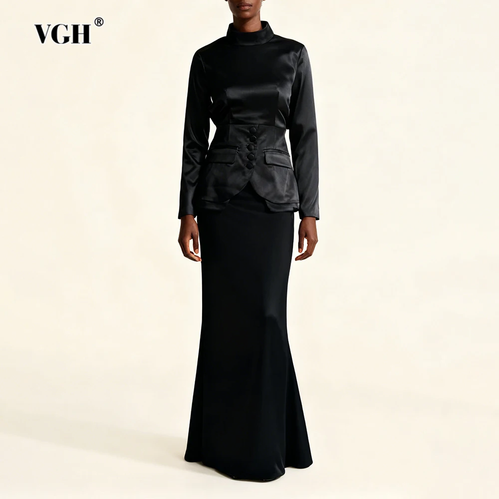 

VGH Темперамент, однотонные комплекты из двух предметов для женщин, топ с круглым вырезом и длинными рукавами, юбка с высокой талией, винтажный шикарный комплект, женская мода, новинка