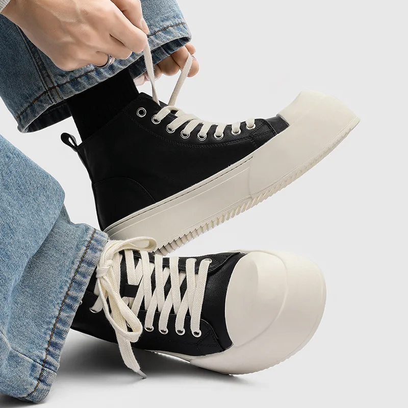 

Korean style mens casual platform boots lace-up original leather shoes cowboy ankle boot black stylish street short botas hombre