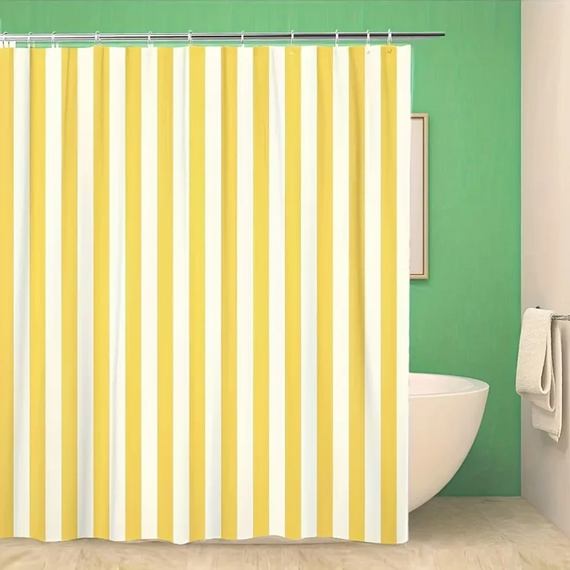 1pc Yellow And White Striped Bathroom Shower Curtain, No Drilling Hooks - Durable Polyester Fiber - Multiple Sizes - with 12 Hoo