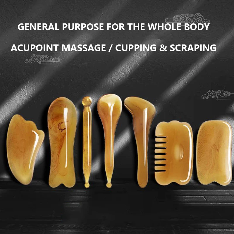 7 Pcs Natural Resin Beauty Set Jawline Lift Facial Skin Firming Eye Head Spa Gua Sha Board Back Neck Full Body Scraping Massage