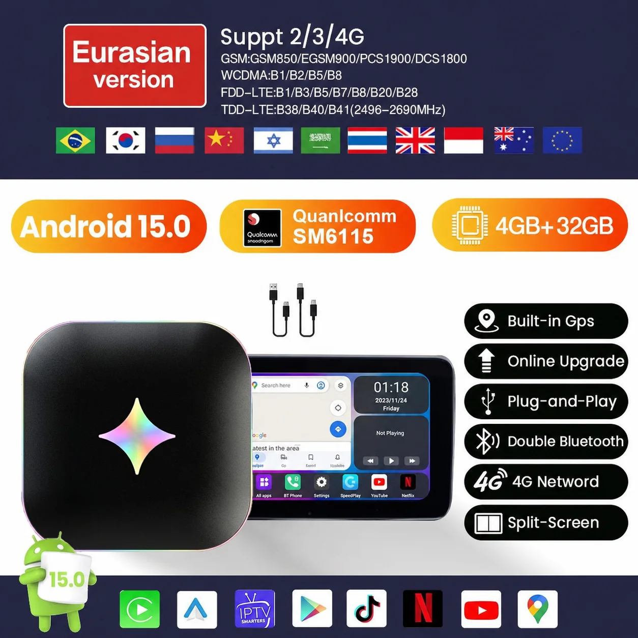 Android 15 CarRocket Android Auto Wireless CarPlay AI TV Box QCM6115 SM6225 8-Core Split Screen 64G 128G For Netflix Play Store image 3