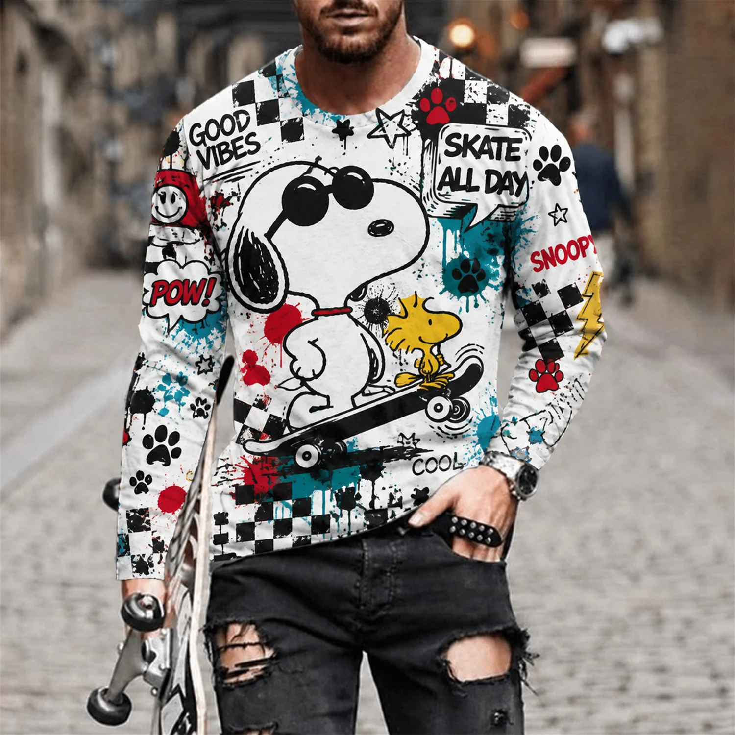 Herren Snoopy Woodstock Langarm-T-Shirt Peanuts Cartoon Grafik-T-Shirt Y2K Streetwear Casual Top – Detail 4