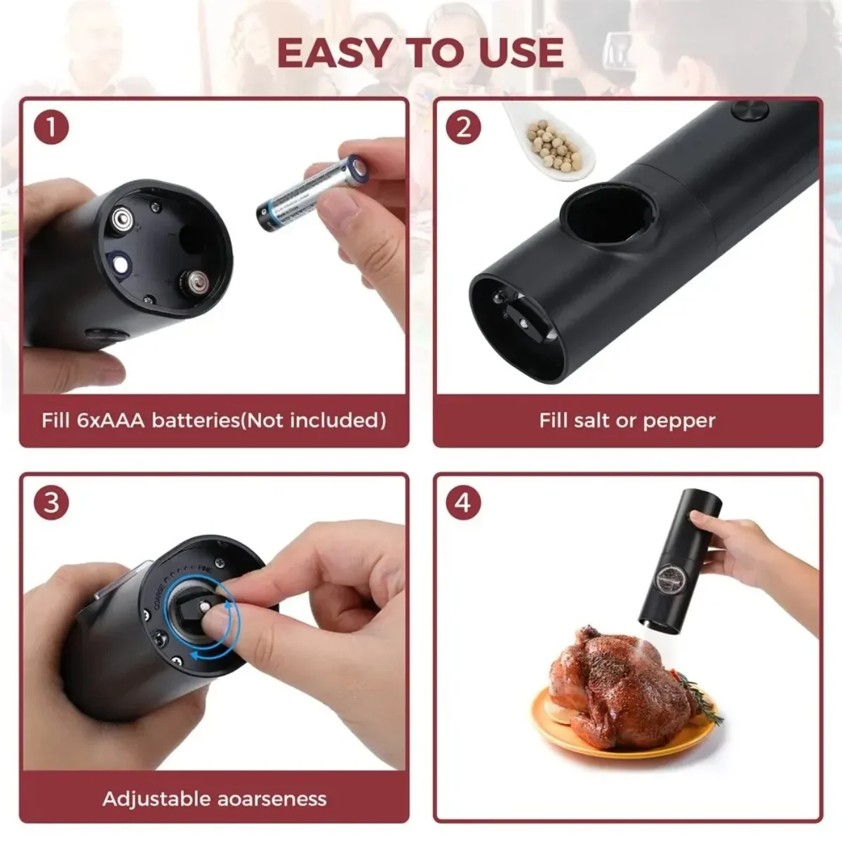 2/1 قطعة مطحنة ملح وفلفل كهربائية تعمل بالبطارية، أداة مطبخ أوتوماتيكية قابلة لإعادة الملء
