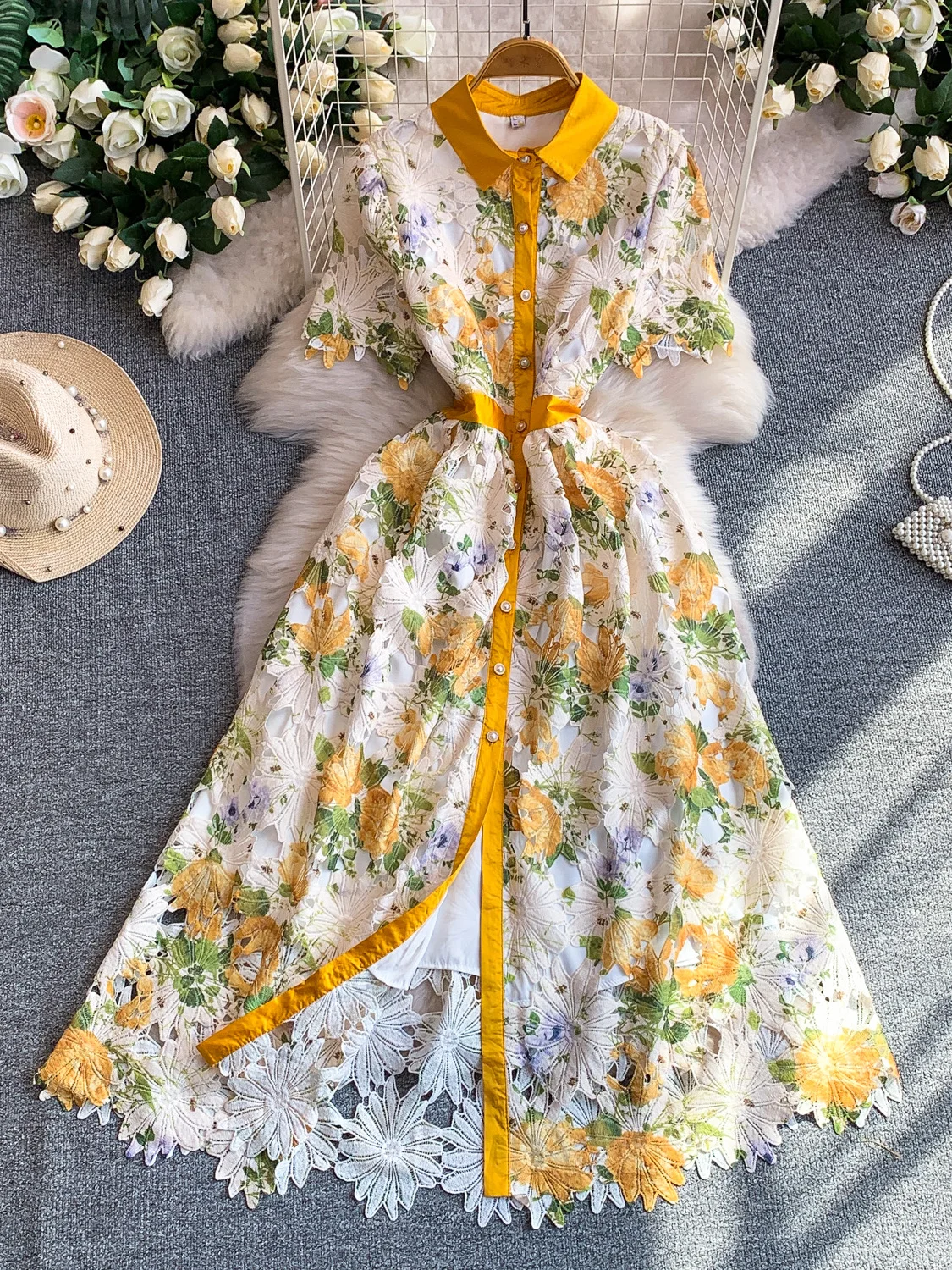 

Romantic Water-Soluble Lace Short-Sleeve Dress Women's Anti-Aging High-End Feeling Holiday Elegant Long Dress Spring Summer