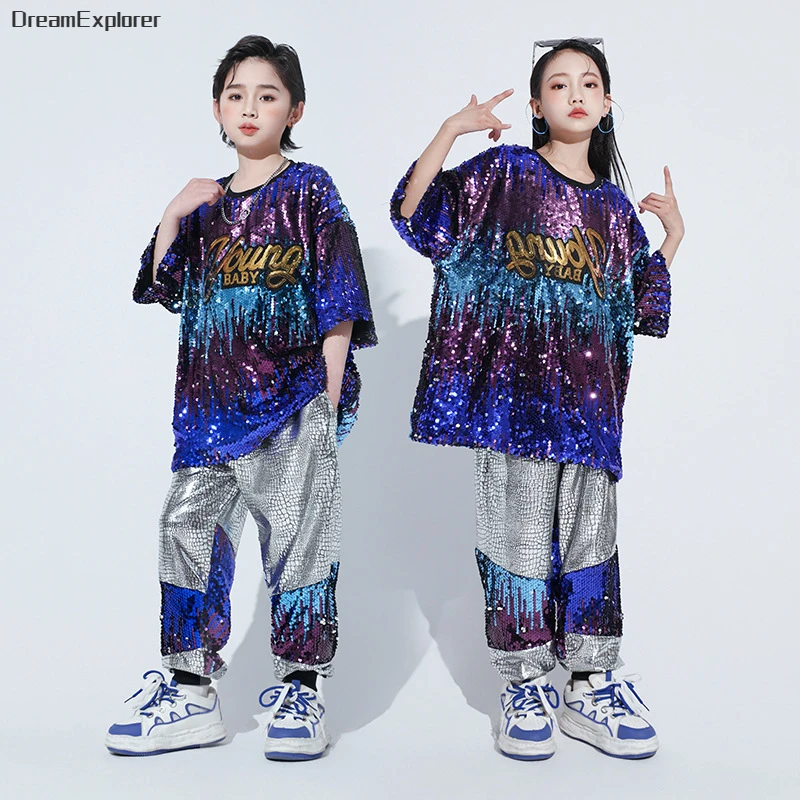 Boys Sequin Contrast T-shirt Hip Hop Joggers Girls Streetwear Kids Street Dance Shorts Clothes Sets Children Jazz Stage Costumes