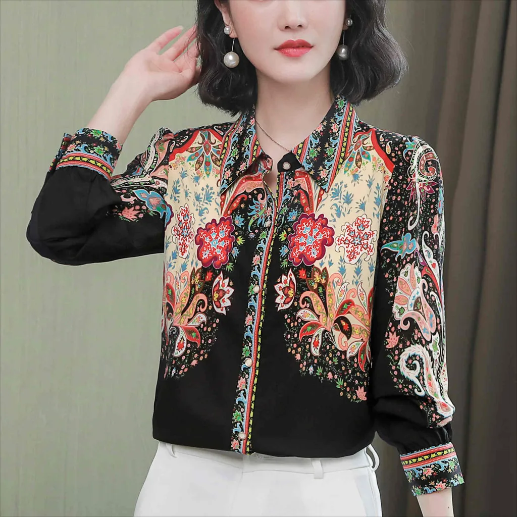 

Винтажная женская рубашка с длинным рукавом и цветочным принтом, корейская модная повседневная офисная женская блузка, топы
