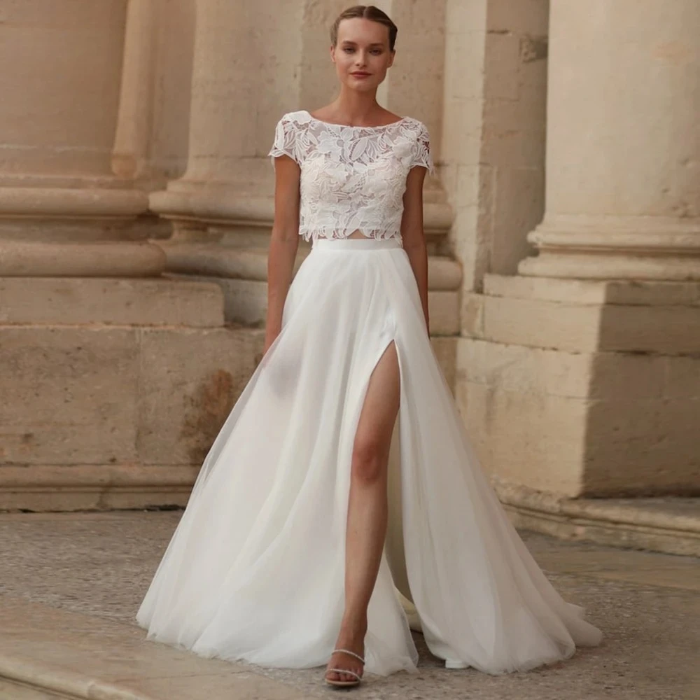 

Customized Weilinsha Two Pieces Wedding Dress Lace Short Sleeves Tulle Side Split Bridal For Woman With Sweep Train Vestido De