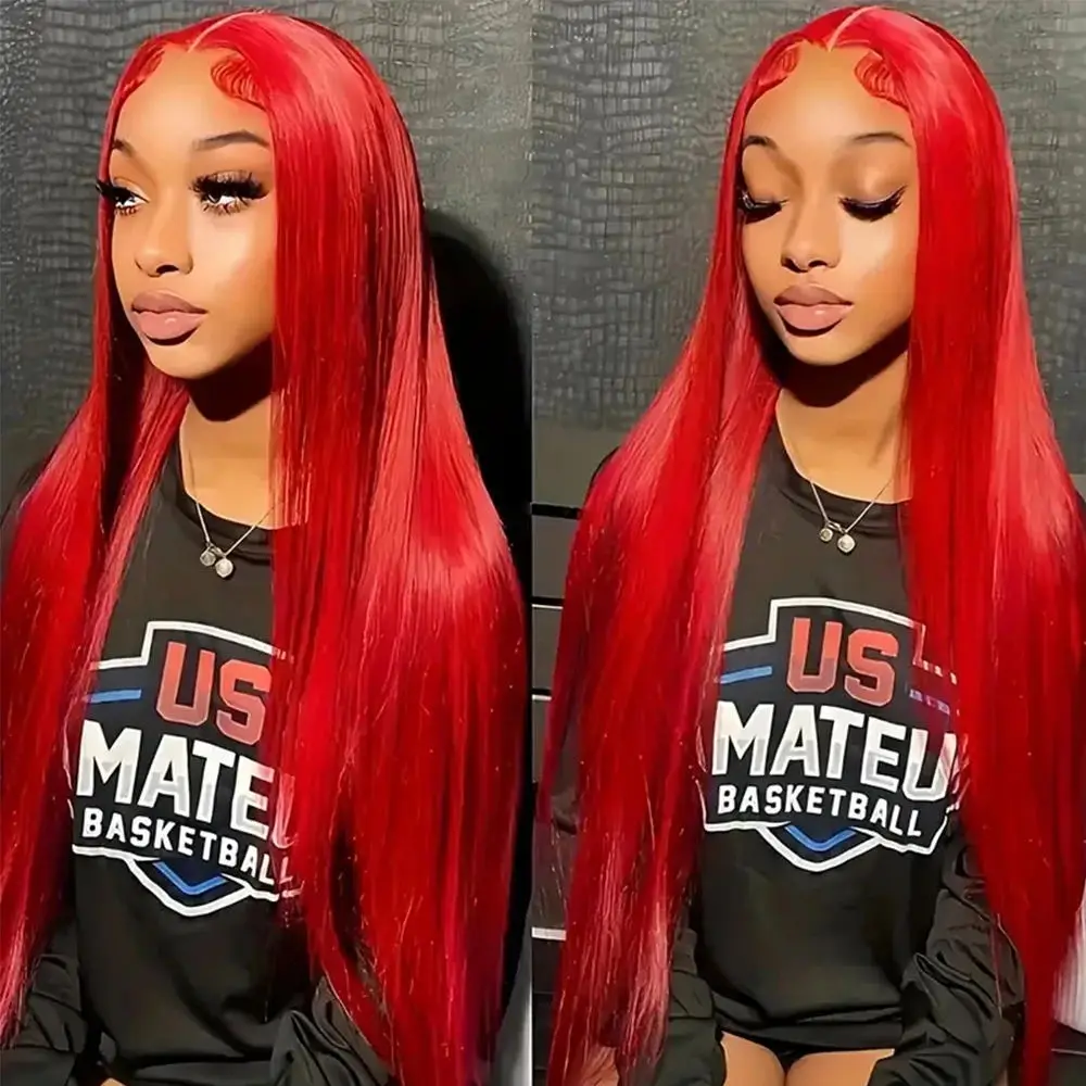 Middle Deep Part Red Lace Front Wig Silky Straight Heat Resistant Synthetic Lace T Part Wig 24Inch