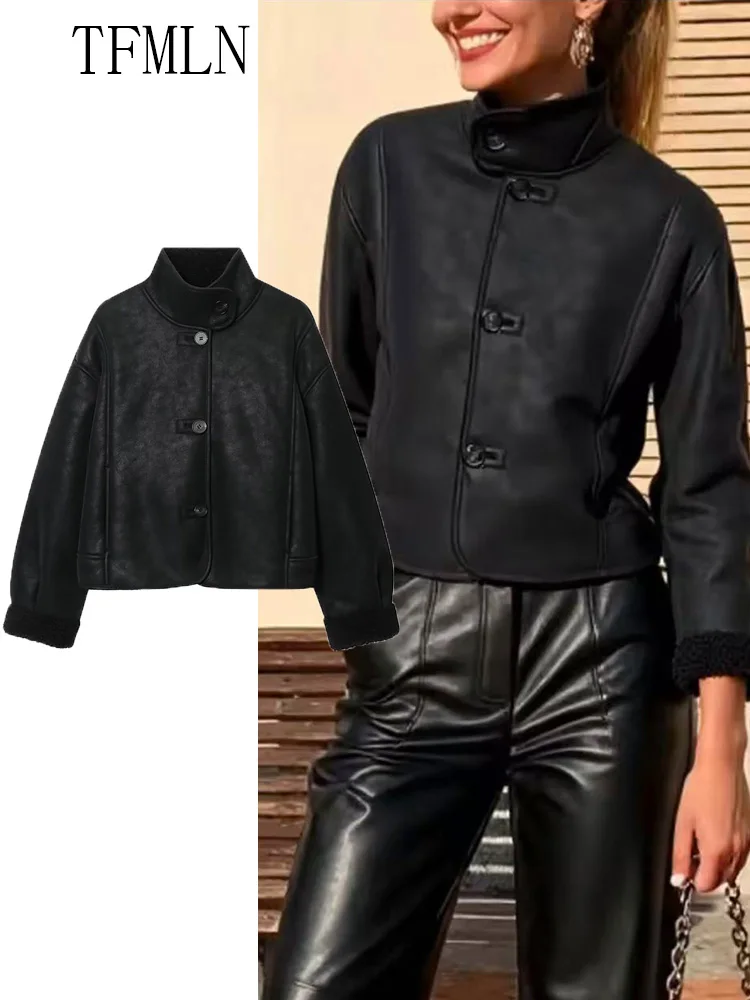 TFMLN 2025, Winter Frauen Faux Leder Plüsch Jacken Mode High Street Einreiher Lose Mäntel Retro Stehkragen Outwear