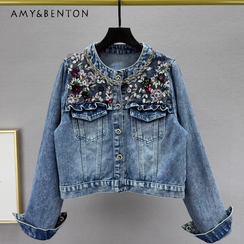 

Heavy Industry Embroidery Sequined Denim Jacket Spring 2026 New Slimming Thin Retro Design Loose Long-sleeved Jackets Ladies