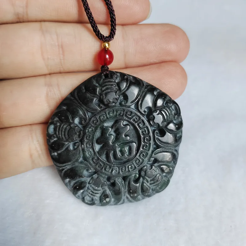 Ladies' Natural Medicine King Stone Pendant, Ink Green Jade, Christmas Gift Handmade Carving Stone Pendant