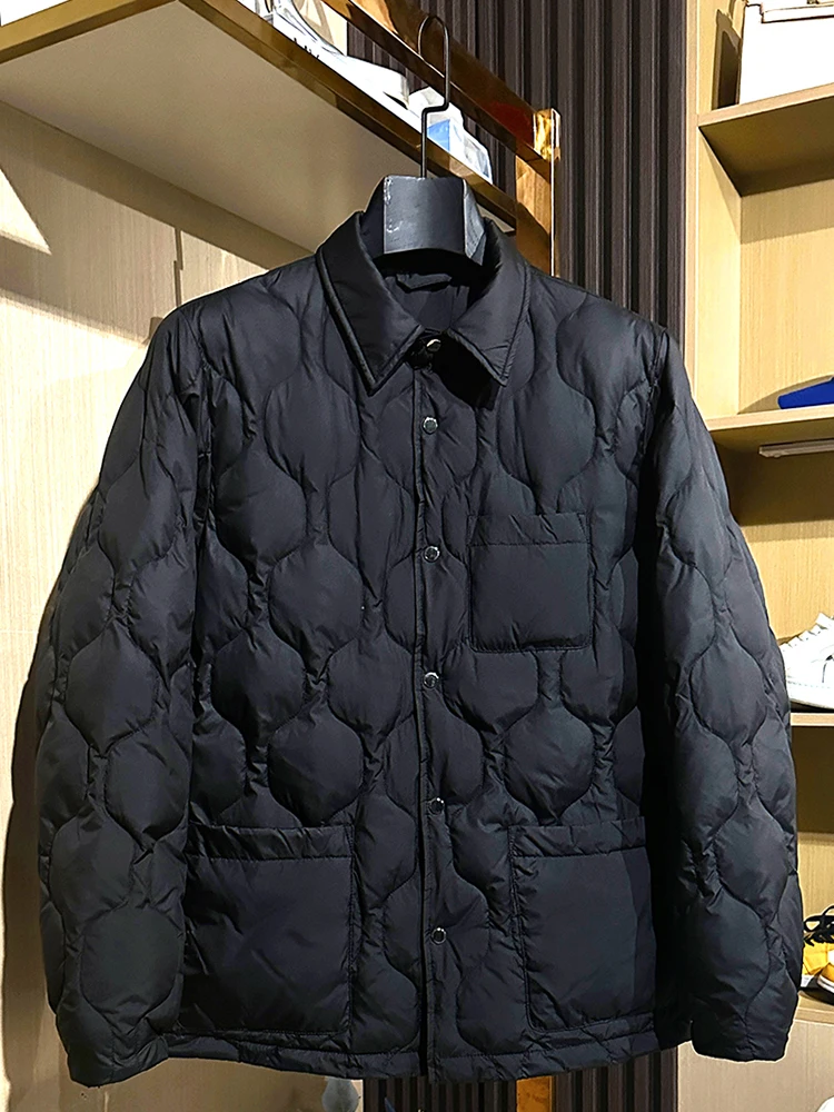 New high quality lightweight warm winter men's down jacket with diamond check lapel