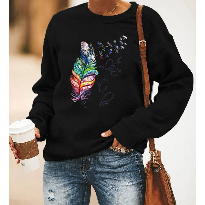 Let It Be Feather Print Long-sleeved Crew-neck Hoodie Sweatshirts Clothes Aesthetic Harajuku Sweatshirt Tops