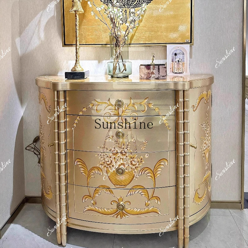 French light luxury solid wood hand-painted bucket cabinet European champagne silver foil porch decorative storageP