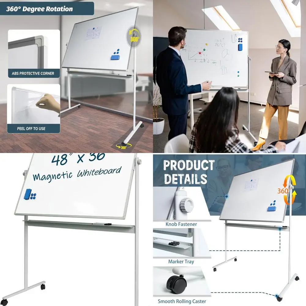 سبورة بيضاء مزدوجة الوظائف مقاس 48 × 36 مع سطح مغناطيسي و4 عجلات، وحامل مخطط قابل للطي، والمسح الجاف ولوحة الإعلانات