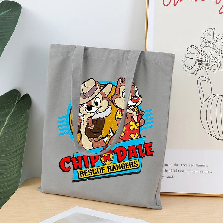 Disney Chip n Dale Canvas Handbags Large Capacity Cute Totes Bag Women's Shoulder Bag Purses Casual Foldable Reusable Kids