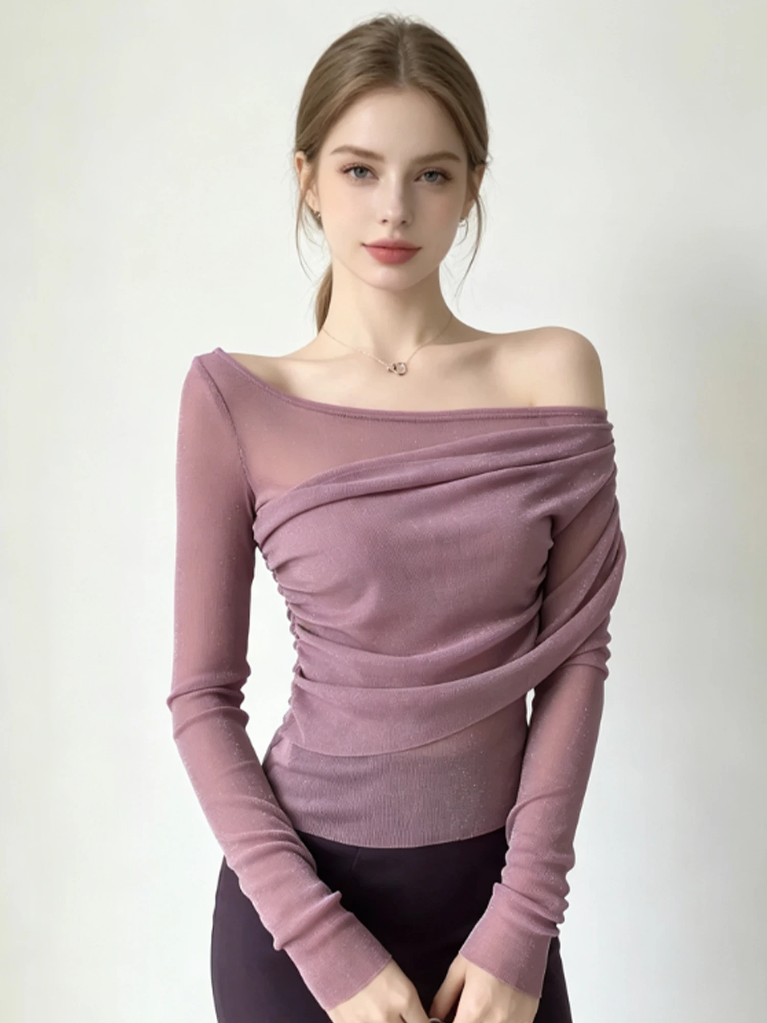 Women's Purple T-Shirt Y2K Gyaru Long Sleeve Off Shoulder T-Shirt Fashion 2000s Vintage Korean style Tee Top for Women Clothing