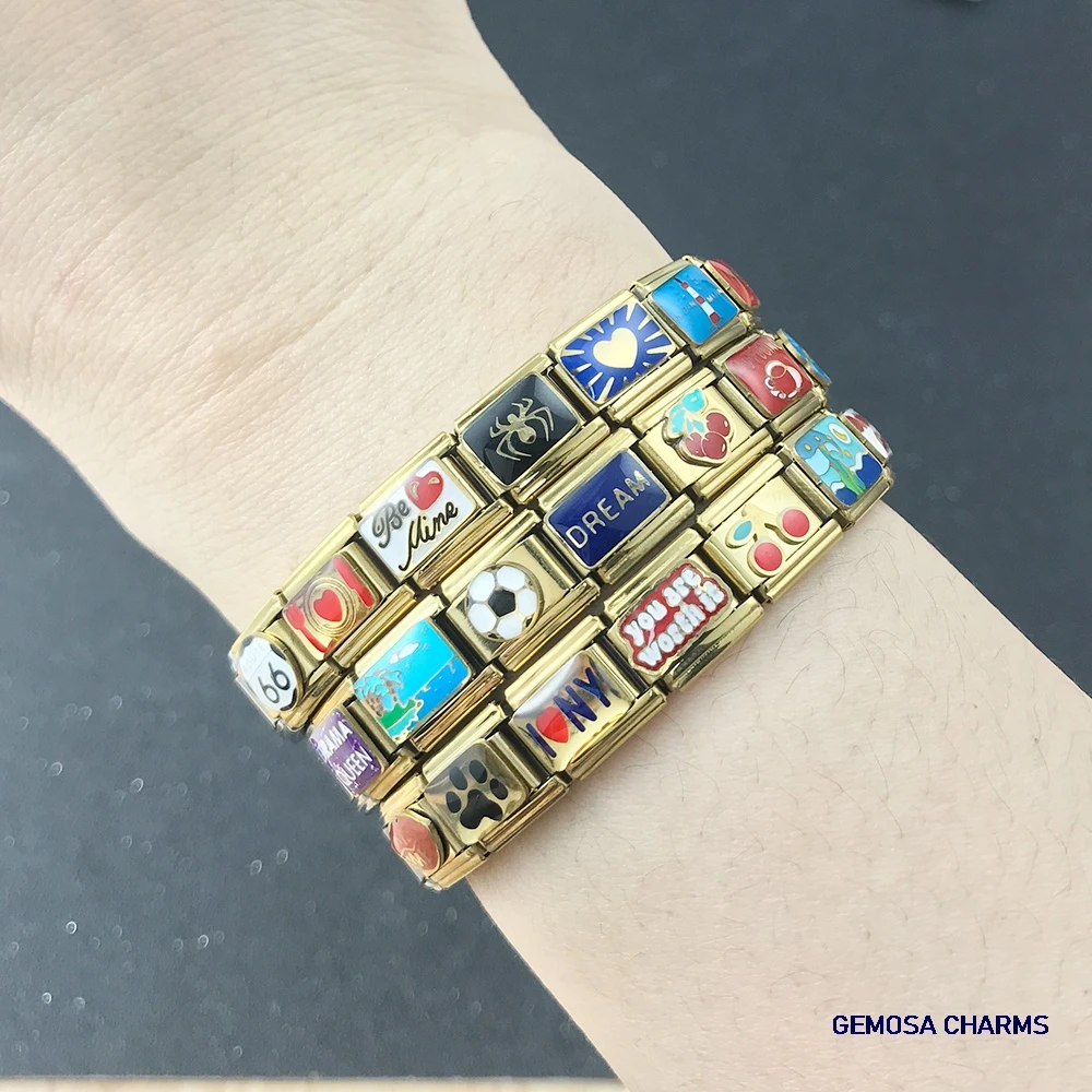 GEMOSA Kreative italienische Link Fit 9mm Edelstahl Armband Herstellung Gold Farbe Charme Kaffee Meer Spinne Turm DIY Schmuck – Detail 4
