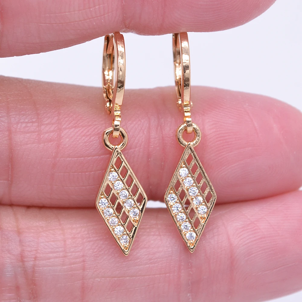 Fashion Gold Color Women Clear CZ Zircon Hollow Lozenge Dangle Earrings Jewelry