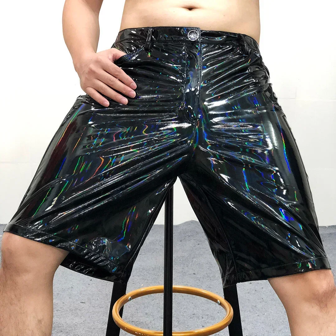 Men's Large Baggy Pants Night Club Performance Elastic Soft Patent Leather Summer Colorful Mirror Shiny Loose Leather Pants