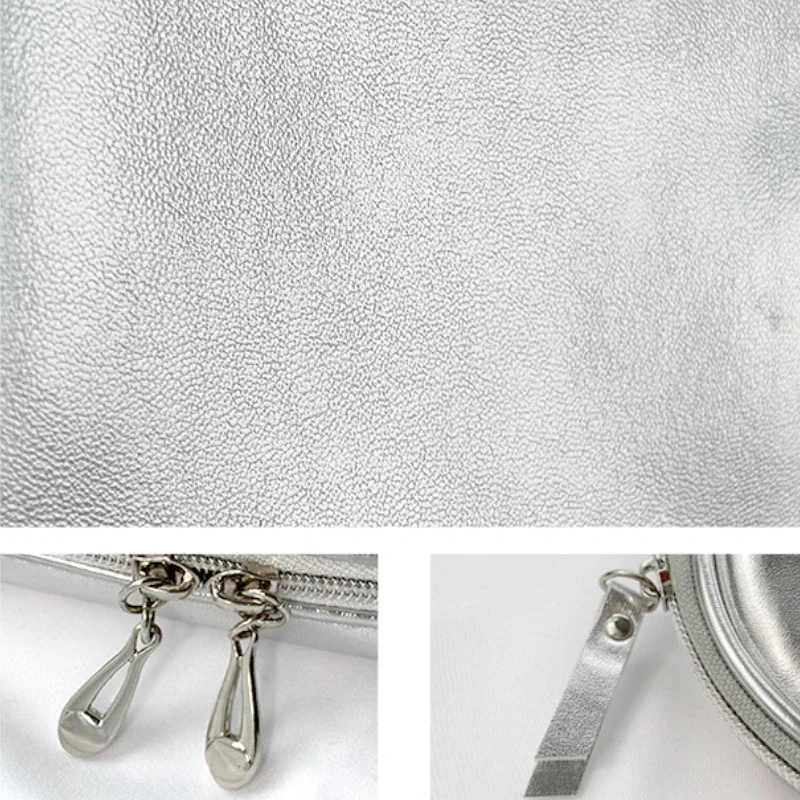 Ins New Fashion Silver Soft Leather Clutch Makeup Bag Cosmetic Storage Bag Travel Portable Skincare Organizer Toilet Bag Pouch