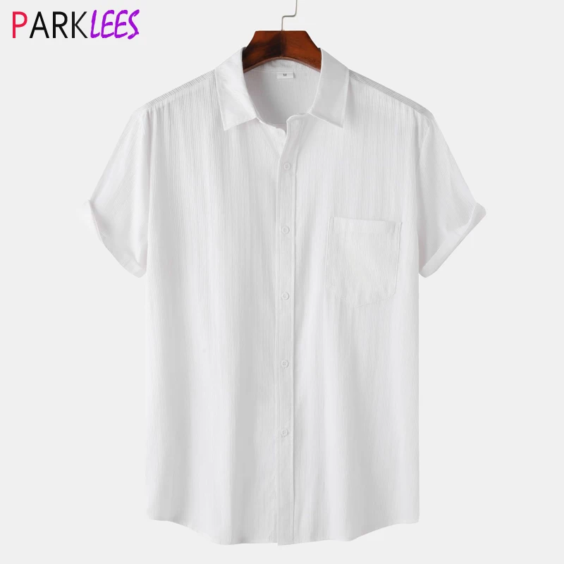 Mens Summer Short Sleeve Beach Dress Shirts 2024 Casual Jacquard Button Down Hawaiian Shirts Men Holiday Vacation Chemise Homme