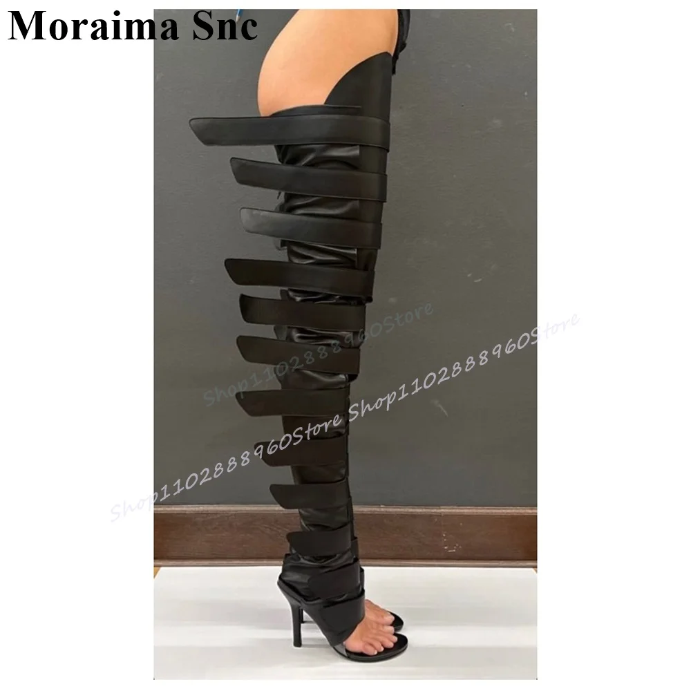 

Stylish Thigh High Black Leather Hook Belt Boots Thin High Heel Shoes For Women Open Toe 2025 Fashionable Zapatos Para Mujere