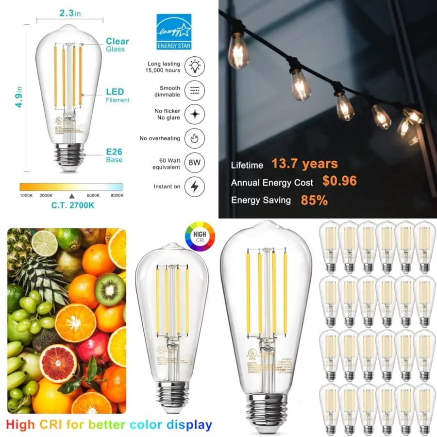 

2 Vintage 8W ST58 LED Edison Light Bulbs, Dimmable, 60W Equivalent, 800Lumens,,E26 Base LED Filament Bulb, CRI80+, Antique Glas