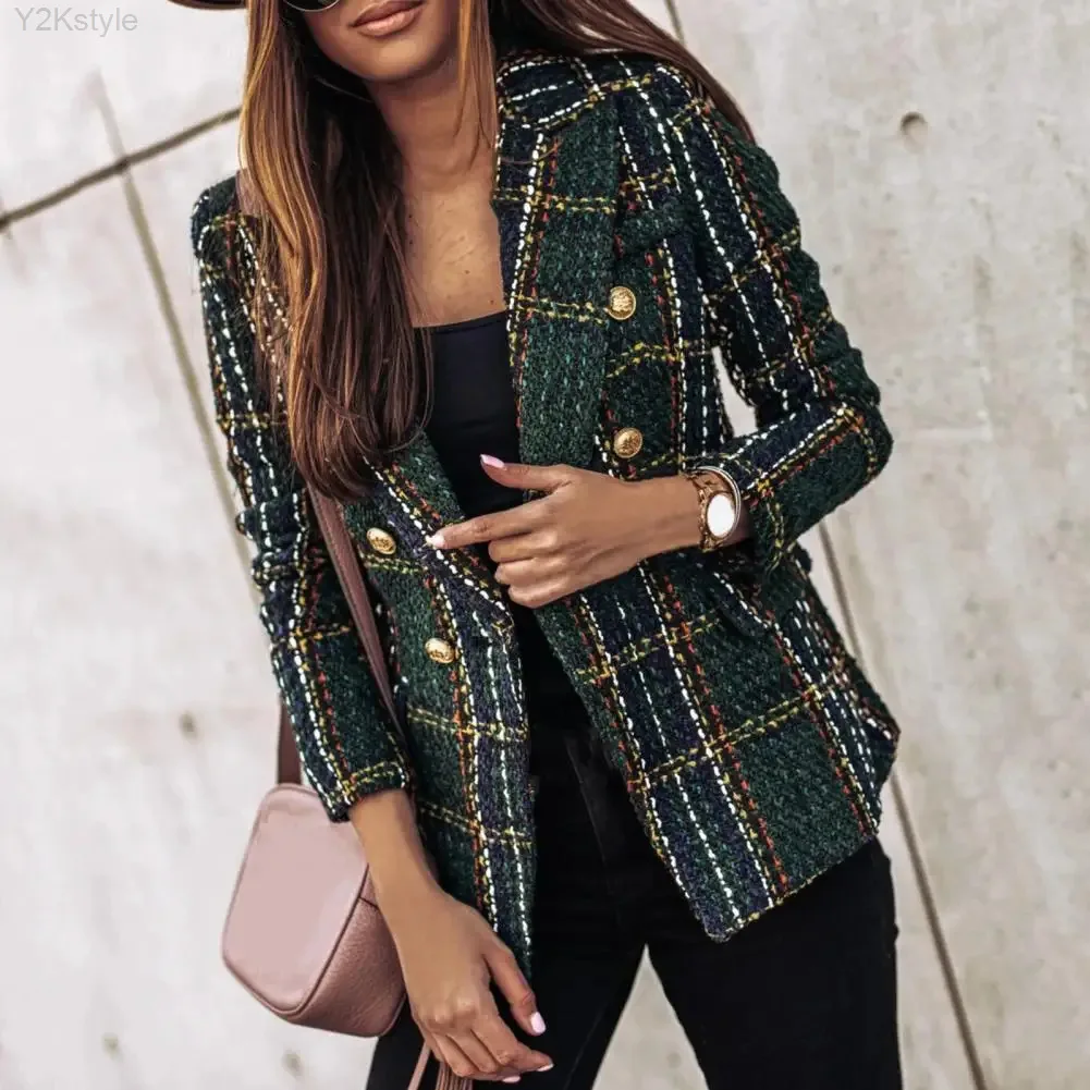 Vintage Women Tweed Blazer Coat Plaid Print Double Breasted Casual Buttons Spring Blazer Slim Fit Flap Pocket Formal Lady Blazer