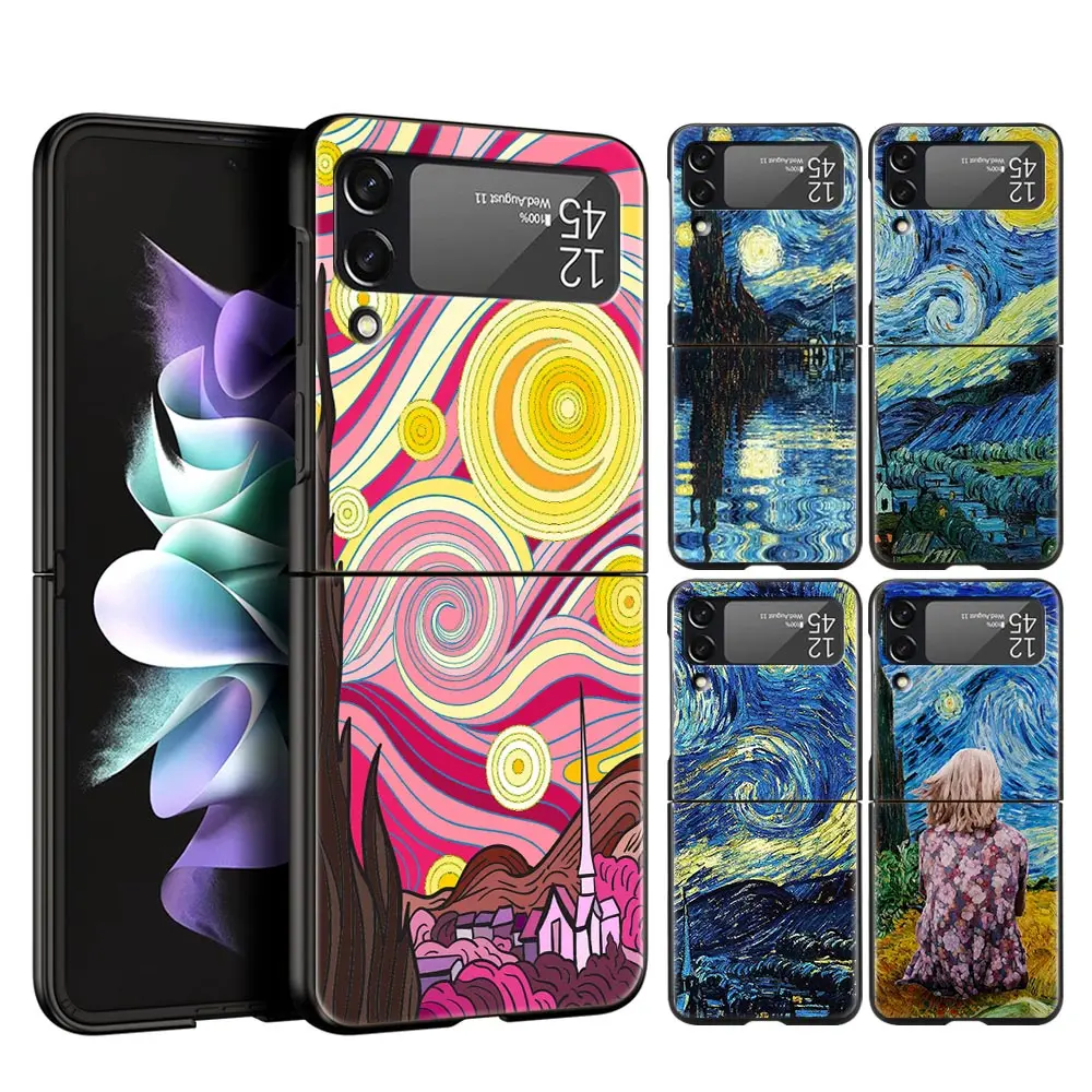 Hard PC Phone Case For Samsung Galaxy Z Flip 7 6 5 4 Black For Galaxy Z Flip 3 Foldable Van Gogh Art Starry Night Aesthetics Bag