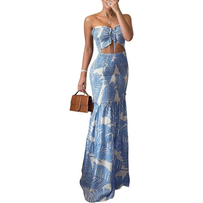 CHICME Floral Vacation Dress Halter Tie Ruched Womens Maxi Dress