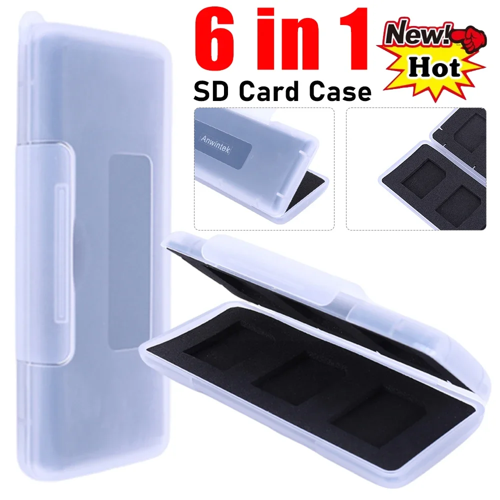 6 in 1 Clear SD Card Protector Holder EVA Foam Anti-Static Plastic Memory Card Protecter Box Portable Storage Box for 6 SD Cards