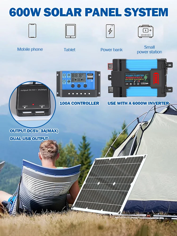 Kompletny zestaw do systemu solarnego, inwerter 6000W 220V, kontroler 100A, system energetyczny z USB, odpowiedni do użytku na zewnątrz, do kampera. — zdjęcie produktu 7