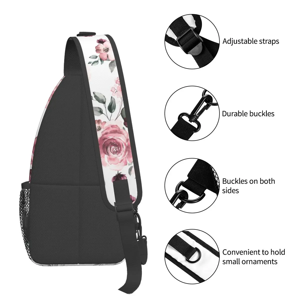 Aquarela Rose Flores Pequeno Sling Sacos Peito Crossbody Ombro Sling Mochila Outdoor Sports Daypacks Vintage Pattern Bag