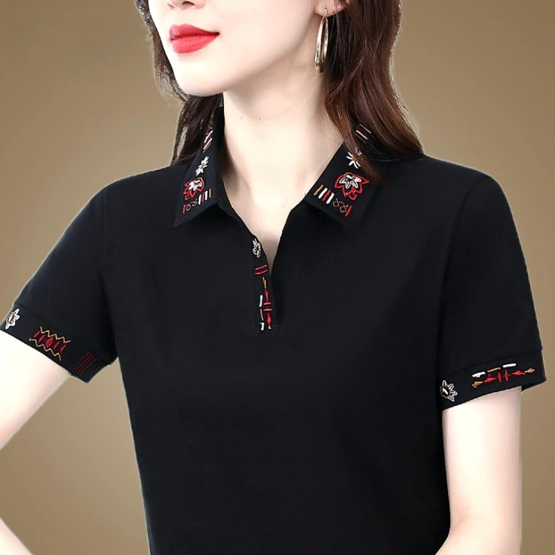 

Youth Women Embroidered Collar Tops Oversized T-shirt Cotton Woman Pulovers Short Sleeve Polo Basic Luxury Women's Summer Tees