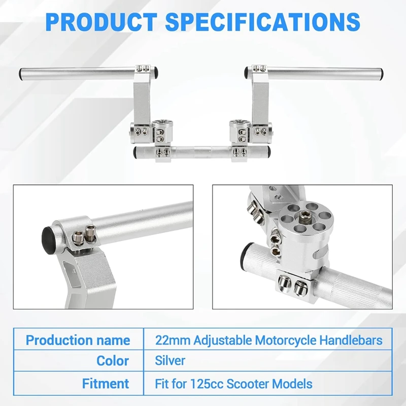 مقود دراجة نارية قابل للتعديل، نظام قضبان مقبض شماعات توجيه قابلة للفصل لسكوتر 125Cc فضي #5