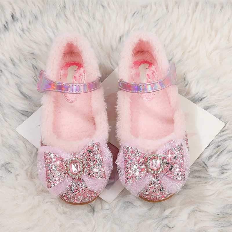 Disney Princess Girls Shoes Frozen Elsa Shoes Performance Party Warm Winter Flats Bow Sequin Pink Blue White Shoes Size 23-36